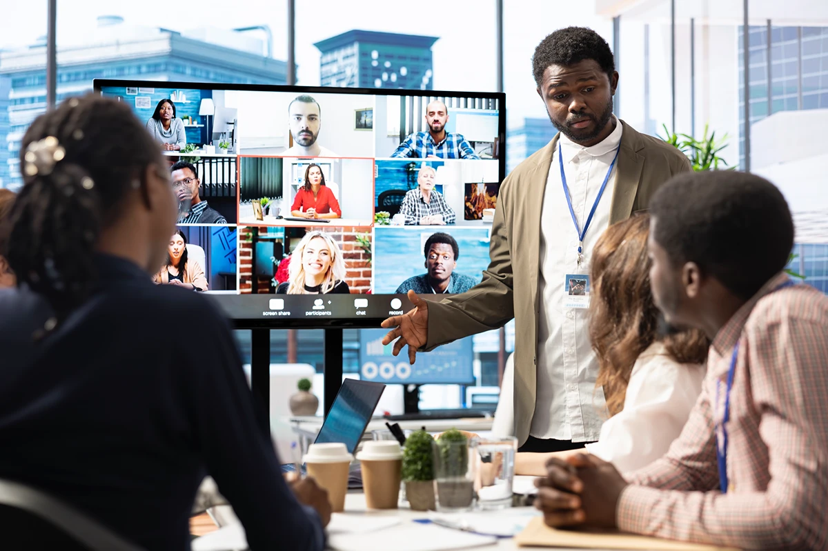 Business leader managing a hybrid team on a call